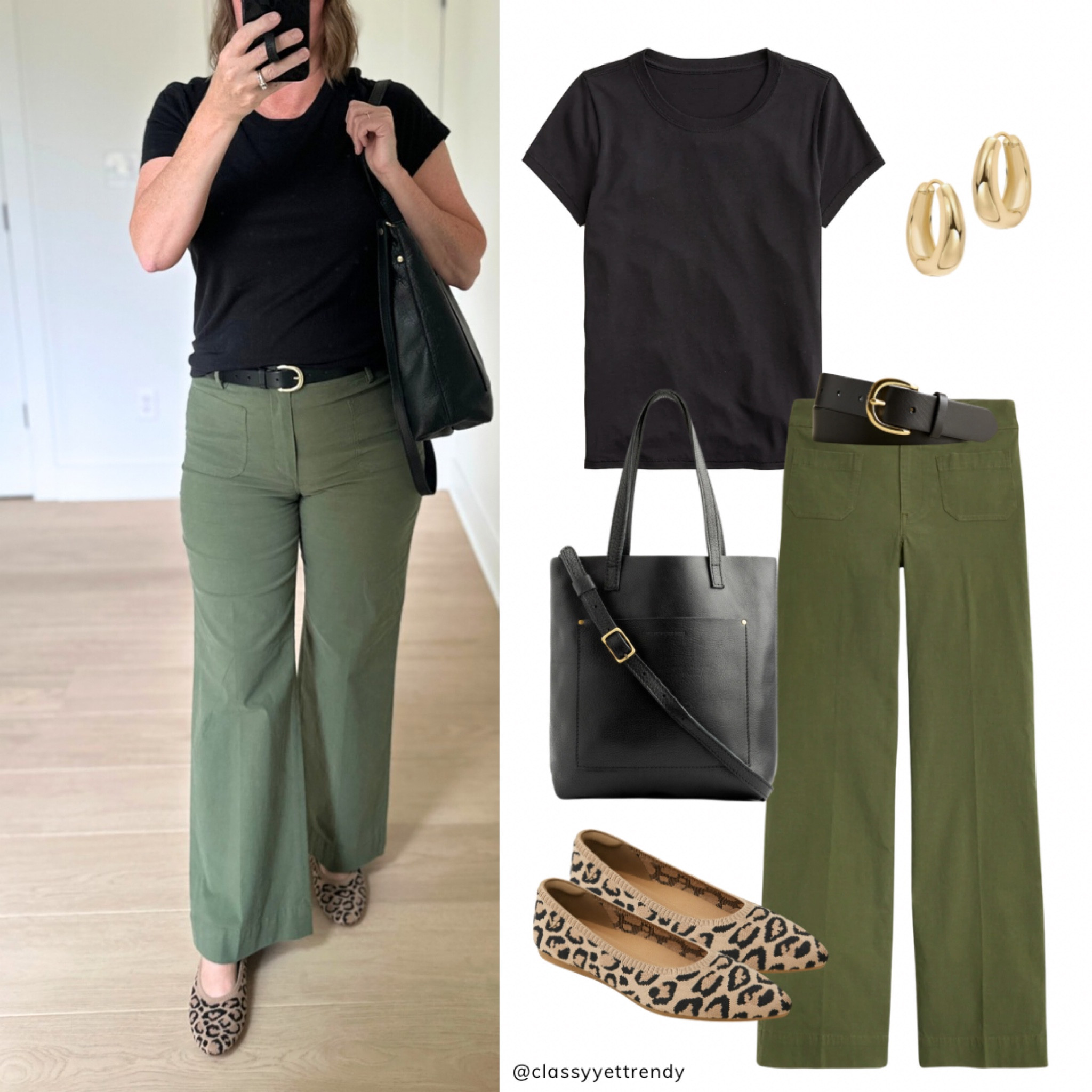 Minimal with a pop of leopard, from my fall capsule wardrobe 🍂 Black tee, olive wide leg pants, leopard flats, black belt, black pebbled tote

Fall outfit idea, capsule wardrobe, simple, minimalist

#LTKShoeCrush #LTKMidsize