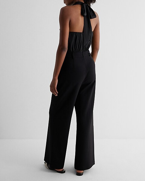 Satin Tie Halter Cowl Neck Wide Leg Jumpsuit | Express