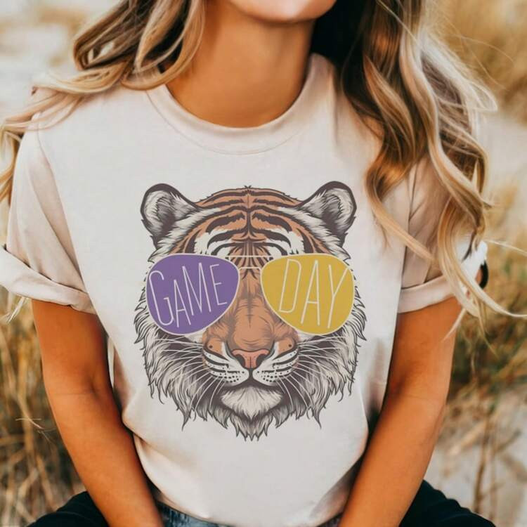 Purple & Gold Game Day Tiger Shirt Unisex | Retro Tiger Graphic Tee | Football Game Day T-Shirt |... | SHEIN