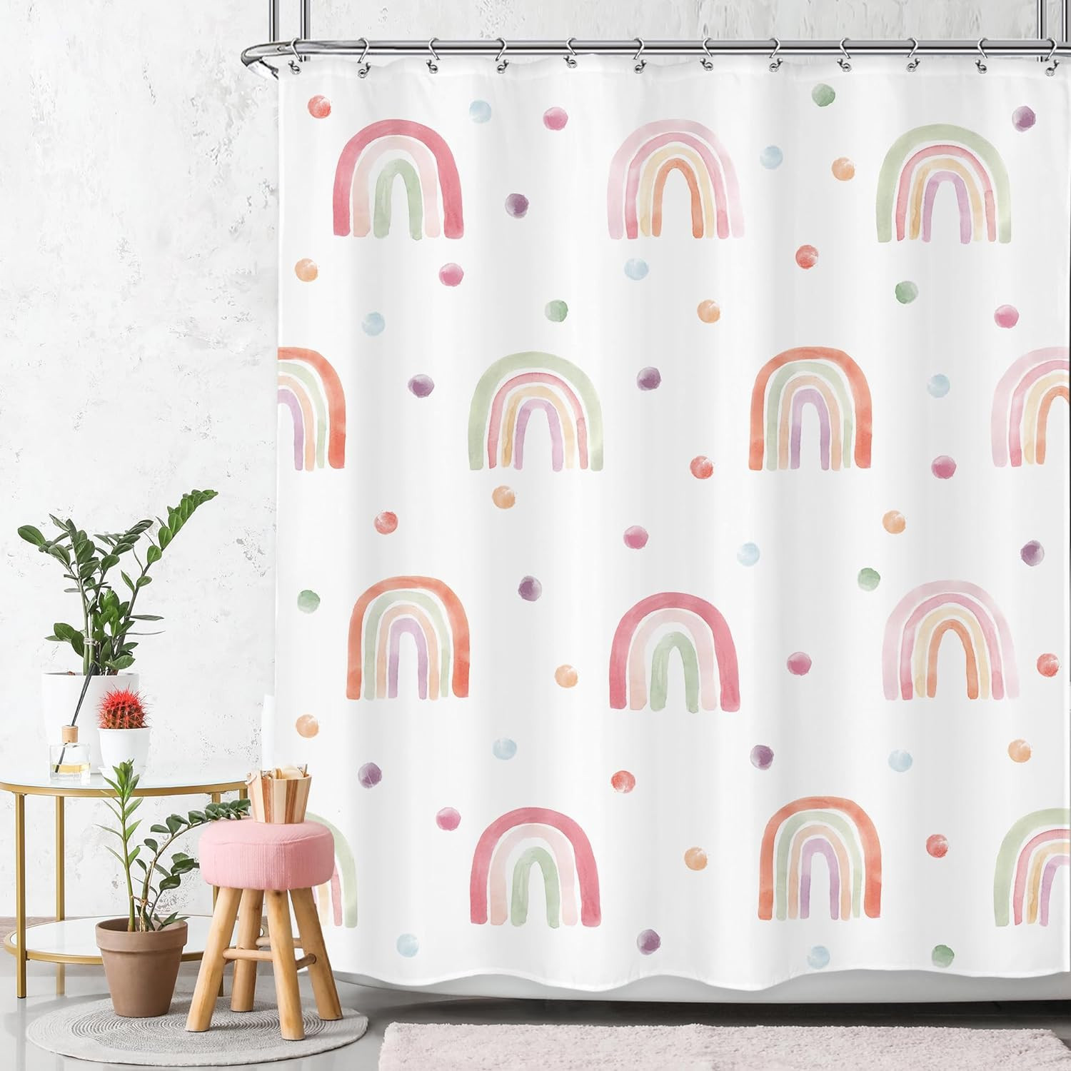 Ufeela Boho Rainbow Shower Curtain, Pink Polka Dot Shower Curtain for Kids Girls, Cute Shower Cur... | Amazon (US)