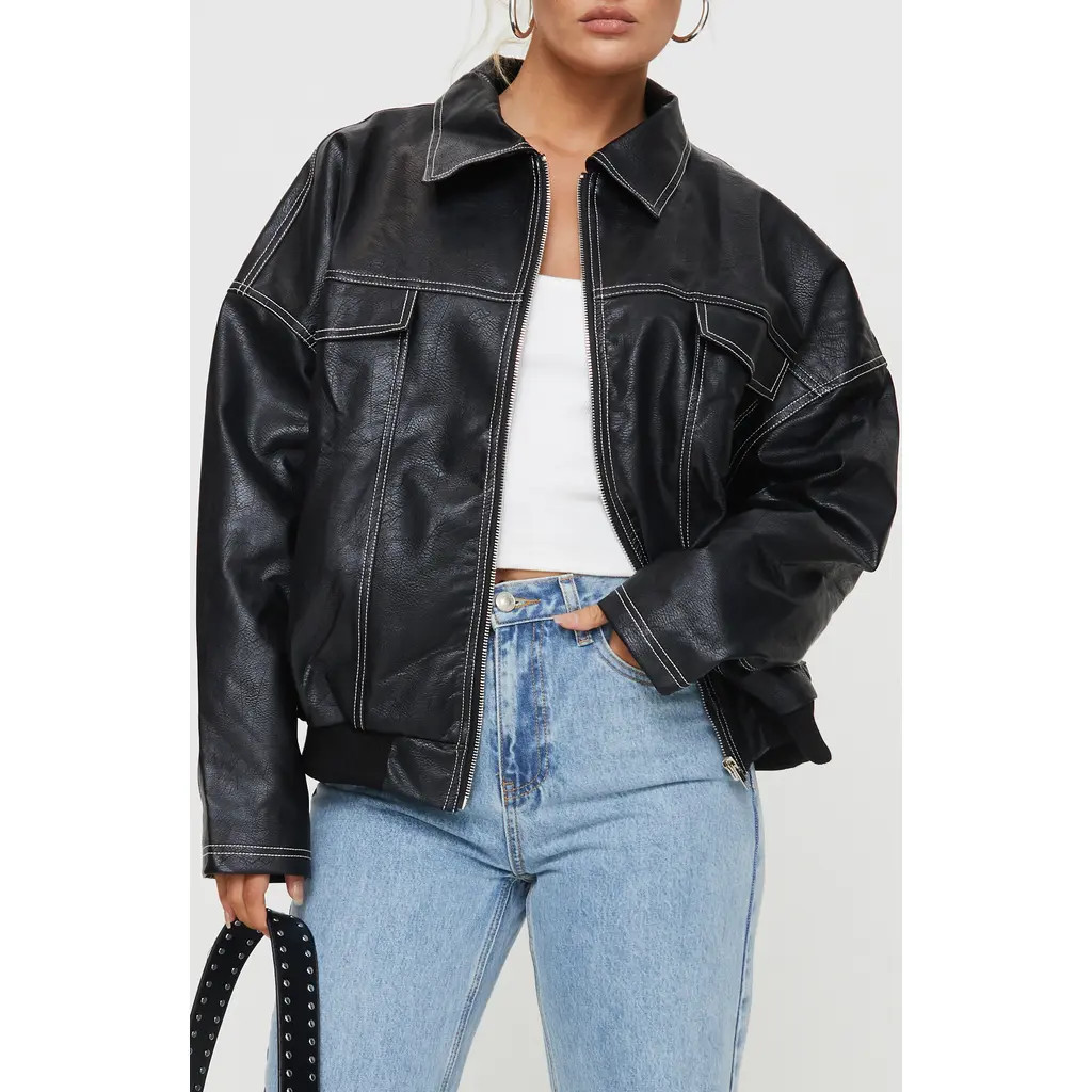 Princess Polly Kingley Oversize Faux Leather Bomber Jacket in Black at Nordstrom, Size Large | Nordstrom