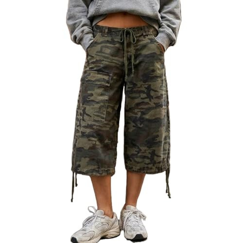 Mxiqqpltky Y2K Cargo Jean Shorts Women Summer Camouflage Print Drawstring Low Rise Baggy Denim Shorts Casual Jorts Streetwear (Army Green, M) | Amazon (US)