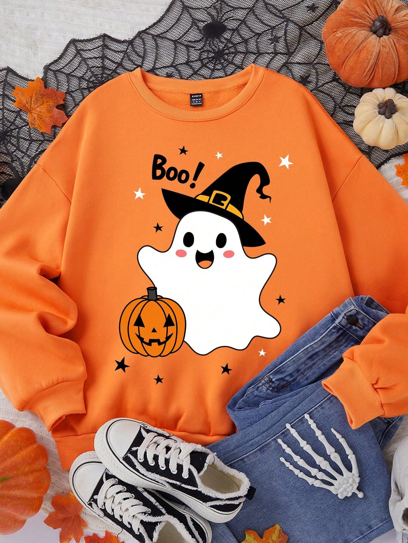 SHEIN Essnce Casual Minimalist Ghost Print Loose Fitted Crew Neck Thick Sweatshirt For Women, Sui... | SHEIN