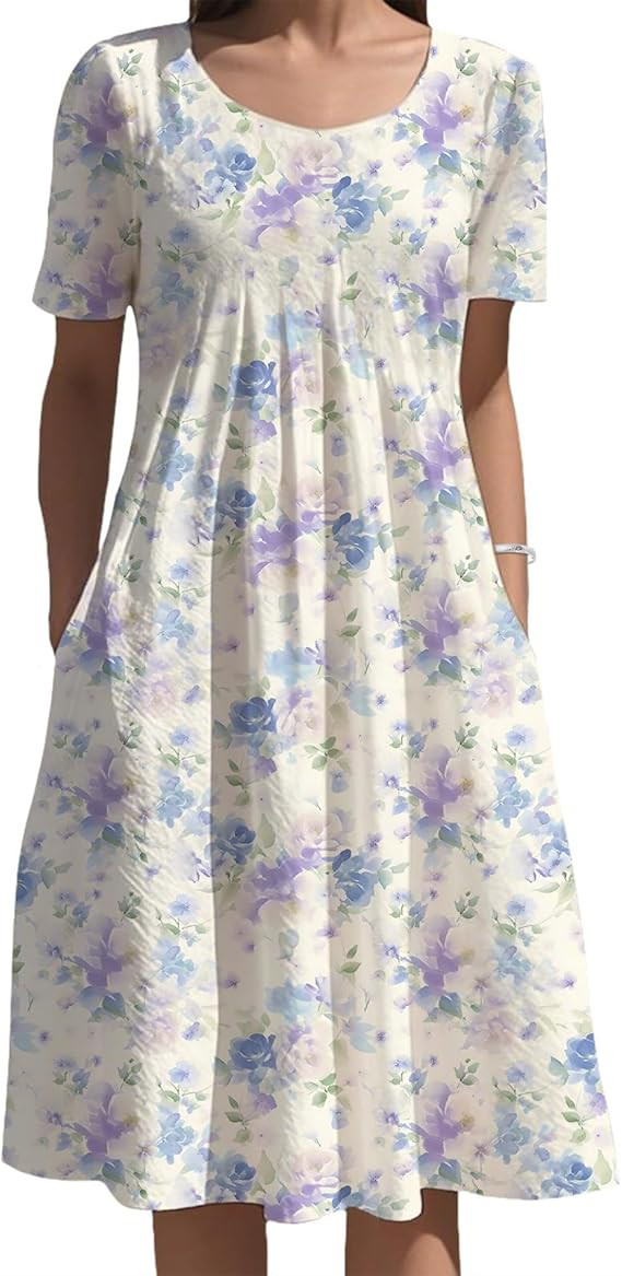 Calm Gentle Floral Midi Dress Pockets Short Sleeve High Waist Crewneck Knee Length Flowy Sundress... | Amazon (US)