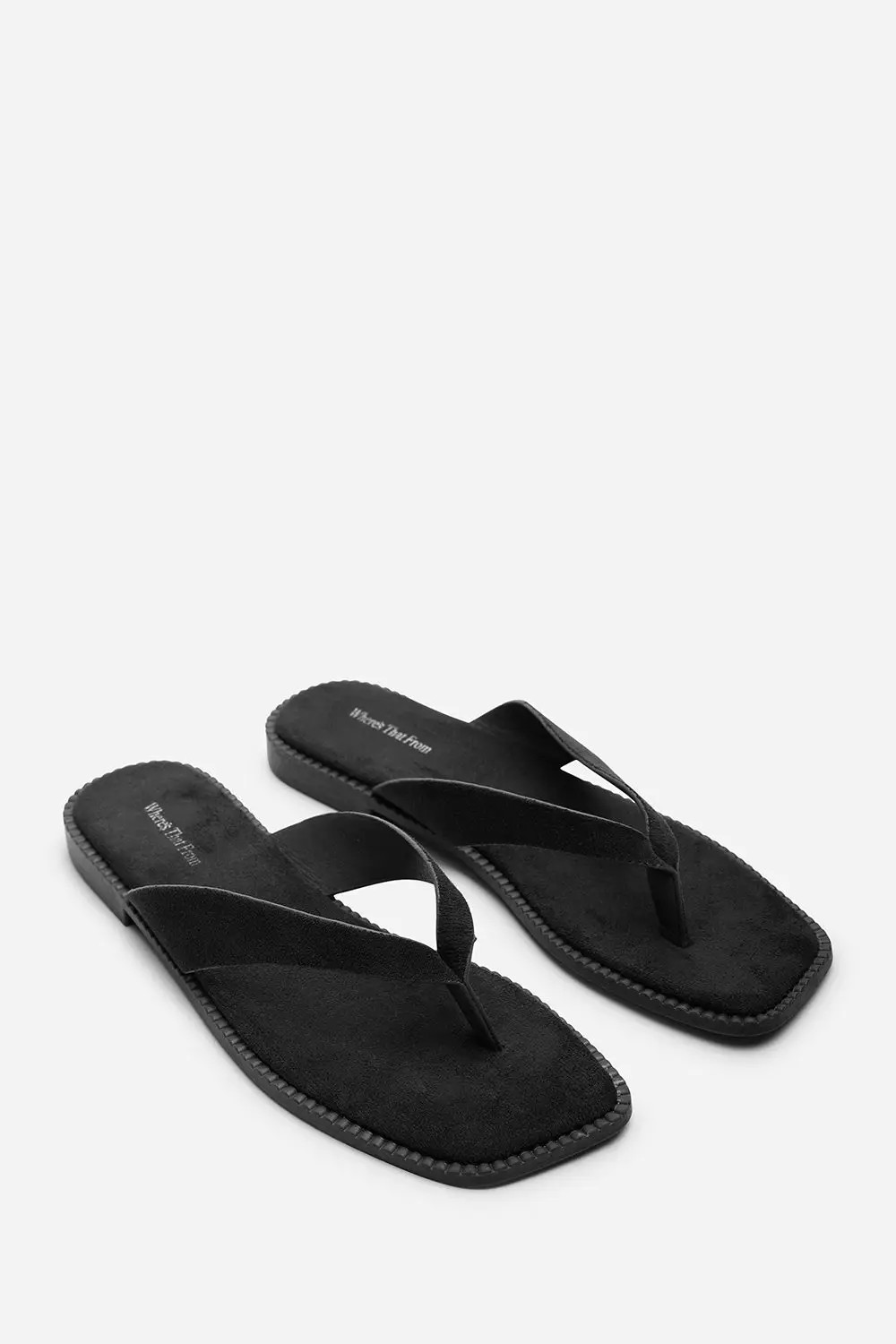 Black Where's That From Lirena Square Toe Suede Flip Flop Sandal | PrettyLittleThing | PrettyLittleThing UK