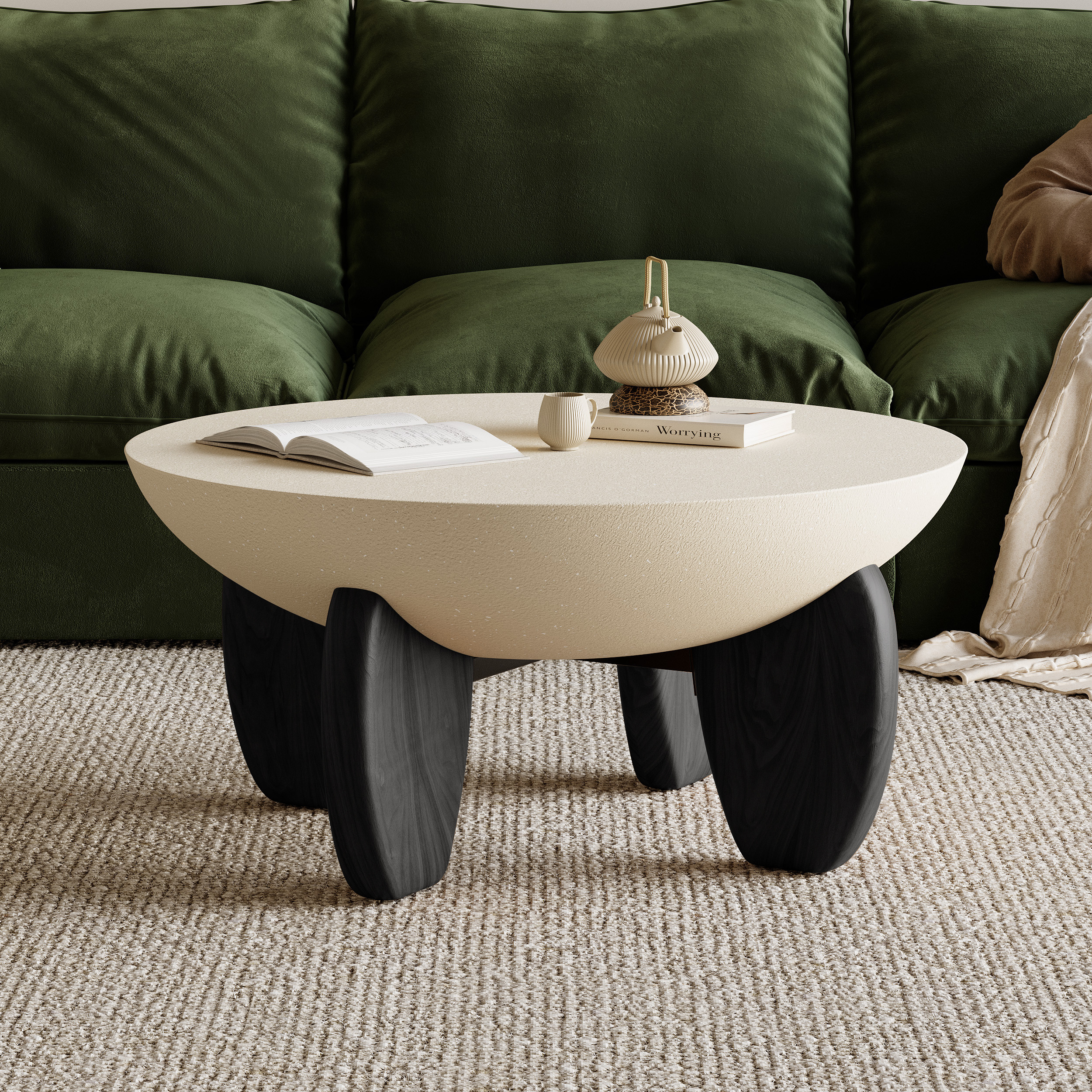Curva Round Small Modern Beige & Black Coffee Table Concrete & Wood Accent Table | Homary