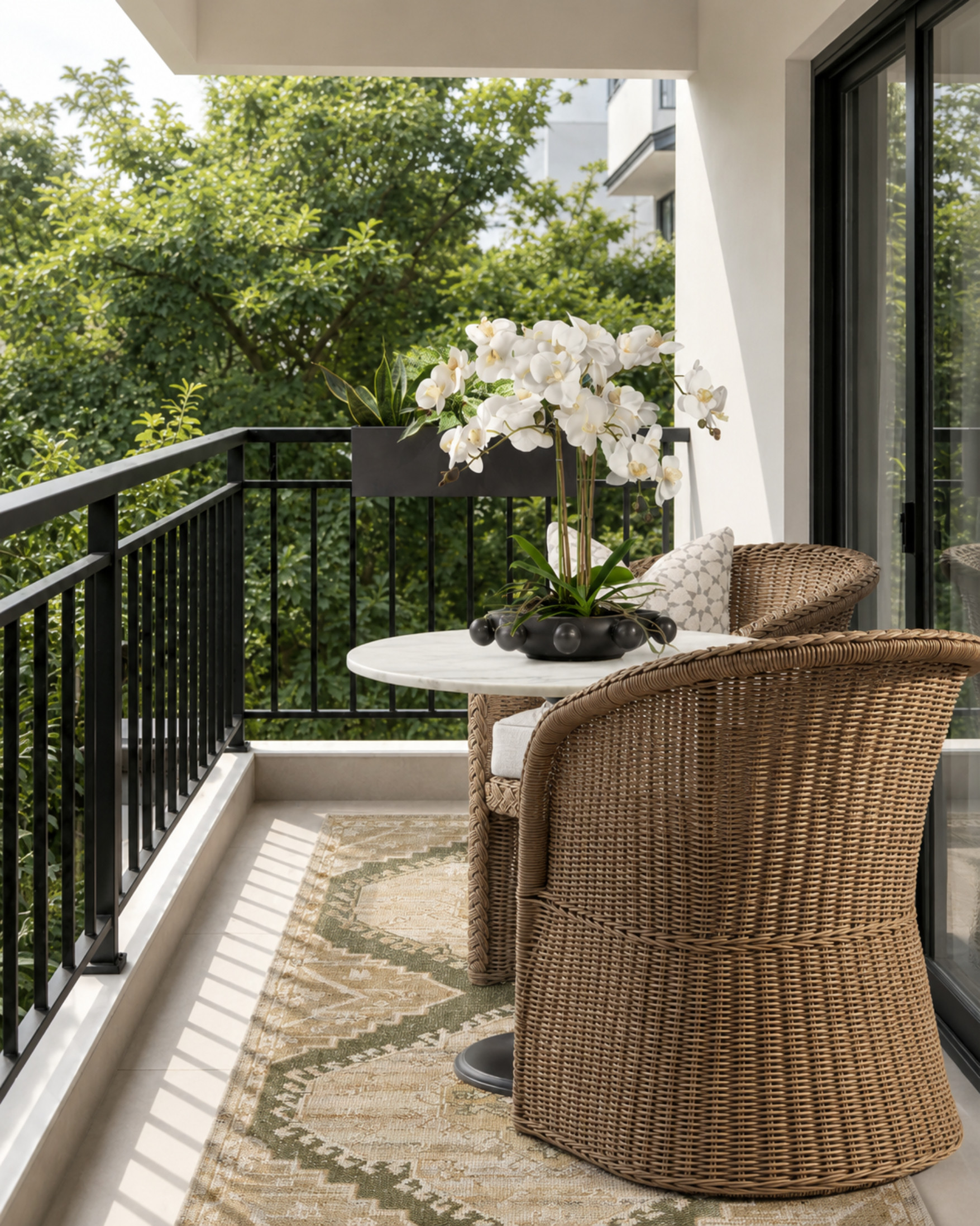 Small balcony, big payoff. A compact round table, woven chairs, patterned rug, and a statement planter make this little outdoor corner feel intentional without needing a ton of space.

I may receive a commission from purchases made through these links. 

 #LTKHome