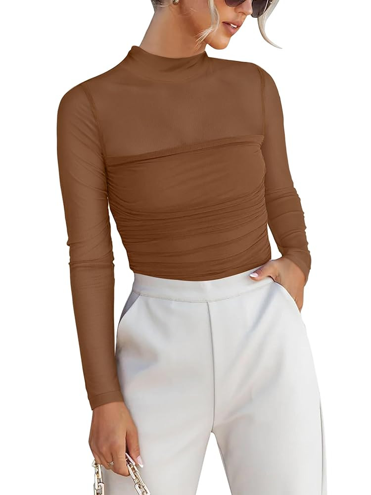 ANRABESS Womens Sexy Mesh Long Sleeve Shirts Trendy Mock Neck Sheer Ruched Going Out Tops Fall Sl... | Amazon (US)