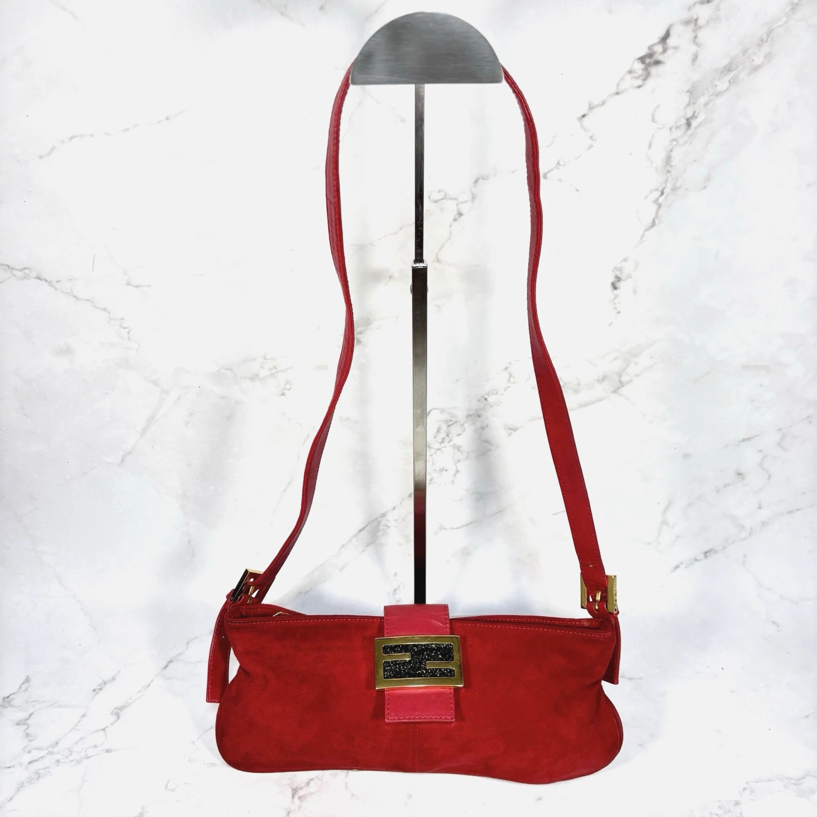VINTAGE FENDI Mamma Baguette Red Suede Leather Black Glitter Tote Shoulder UE03 | eBay US