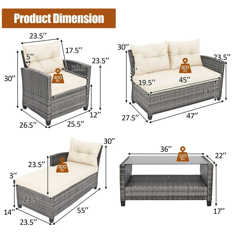 Costway 4PCS Patio Rattan Furniture Set Sofa Ottoman Cushion Garden Deck White - Walmart.com | Walmart (US)