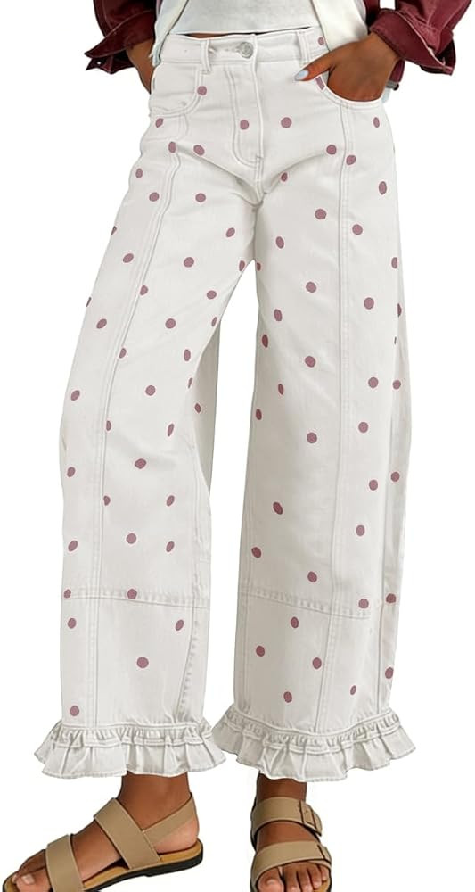 chouyatou Women's Cute Polka Dot Pattern Barrel Jeans Y2K Boyfriend Mid Rise Wide Leg Ruffled Den... | Amazon (US)