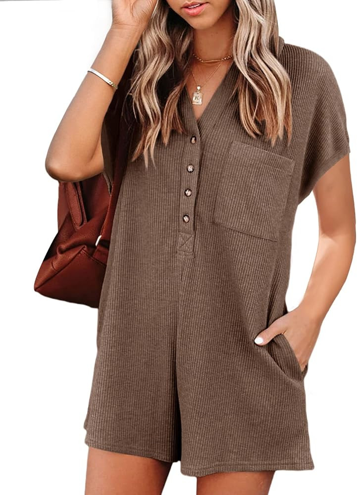 Saodimallsu Womens V Neck Button Romper Casual Waffle Knit Short Sleeve Playsuit Short One Piece ... | Amazon (US)