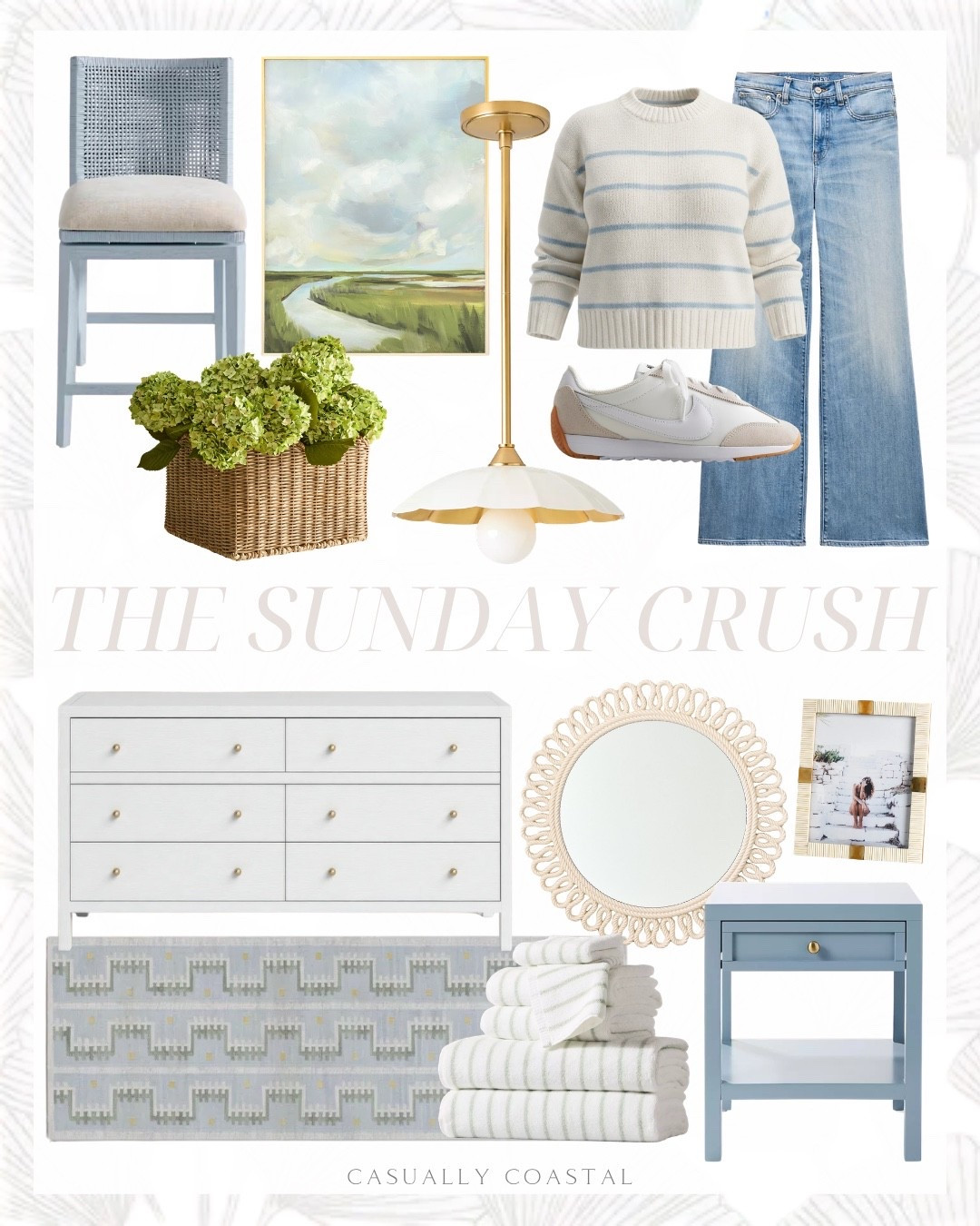 The Sunday Crush! 

Coastal home, coastal decor, coastal mirror, coastal wall art, coastal artwork, coastal lighting, coastal art, coastal towels, quince sweater, 100% organic cotton striped crew sweater, denim trouser jean, Nike neutral sneakers, Serena & lily pendant, wayfair rug, coastal rug, handwoven wool rug, 6 drawer dresser, blue nightstand, Serena & lily cotton bath towels, embossed picture frame, coastal picture frame, rope mirror, swivel bar & counter stool, faux hydrangea bundle, handwoven basket

#LTKHome
