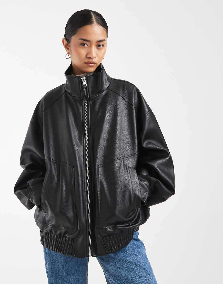 ASOS DESIGN oversized leather look funnel bomber jacket in black | ASOS (Global)