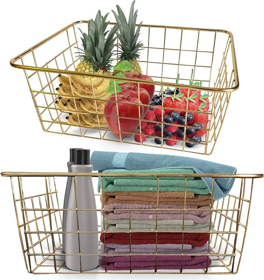 Majika 2 Piece Gold Wire Basket Set - Storage | Decor | Crafts | Kitchen Organizing | Great for Clos | Amazon (US)