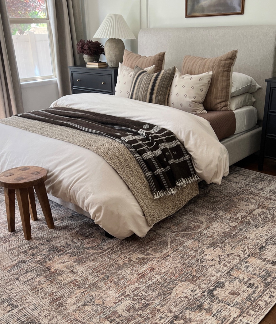 
Primary bedroom styling ideas 

Vintage look loloi amber Lewis cloudpile sunset ink rug charcoal brown, mustard, rust, brown Etsy kantha quilt floral geometric ikat print ivory dark tan black plaid throw blanket woven tray stripe throw pillow boucle vintage antique art print concrete cement urn lamp with white pleated shade found vase Amazon drapes natural oatmeal color grandma chic vintage modern organic earth tones vintage dresser arched mirror green leaf realistic stems marble candle holder taupe taper candle wood bowl found vase 

#LTKstyletip #LTKFind #LTKhome