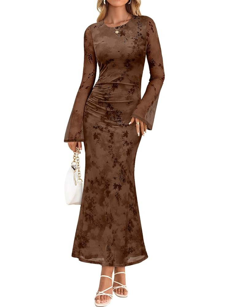 ZESICA Women's Long Sleeve Floral Bodycon Dress 2025 Fall Fashion Ruched Mesh Wedding Guest Cockt... | Amazon (US)