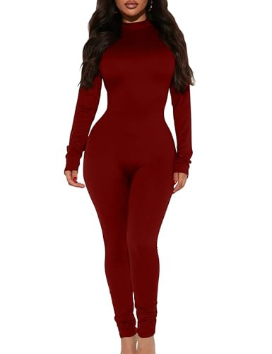 Mokoru Women's Sexy Bodycon Long Sleeve One Piece Jumpsuits Full Length Club Rompers,X-Large,Wine Red | Amazon (US)