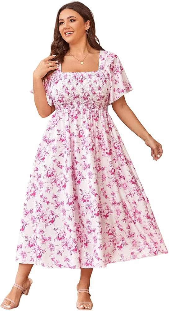 Feature: Plus size, allover print, square neck, short sleeve, high waist, flared hem, maxi dress | Amazon (US)