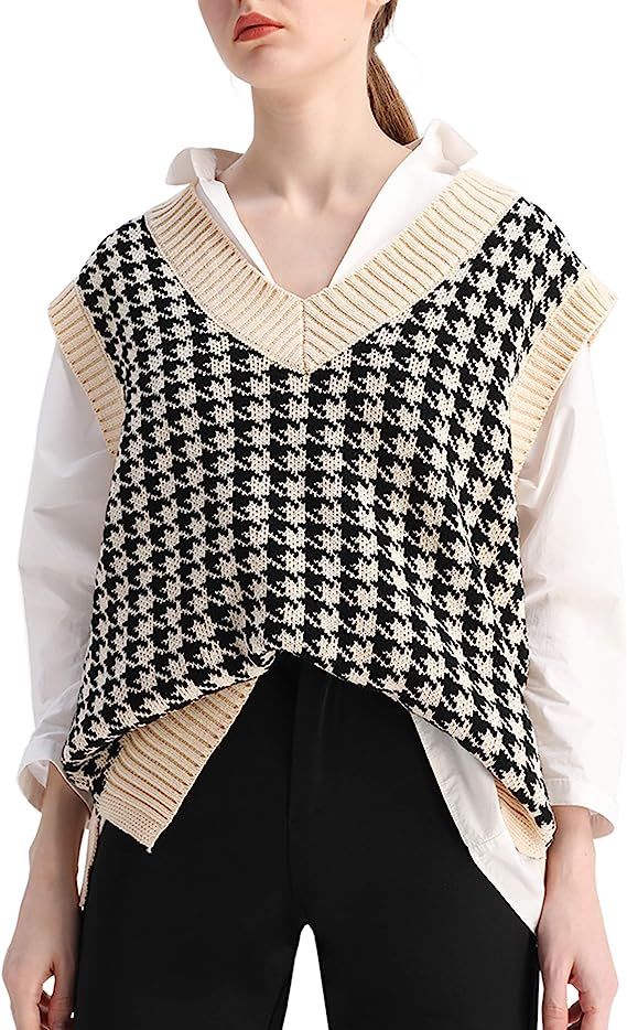 SAFRISIOR Oversized Houndstooth Knitted Vest Sweater Vintage V Neck Loose Sleeveless Sweater | Amazon (US)