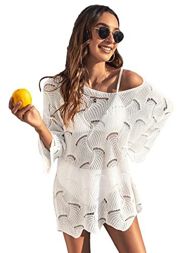Cozyease Women's Drop Shoulder Sheer Mini Dress Hollow Out 3/4 Sleeve Swimsuit Cover Up | Amazon (US)