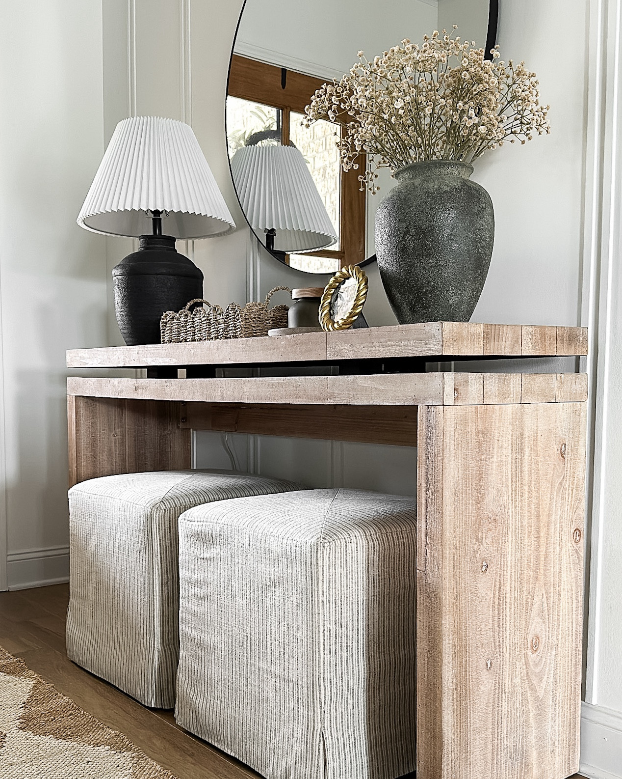 Summer entryway refresh ⛅️ 

We are going light, bright, and airy in our entryway this summer. 

Entryway decor, jute runner rug, home decor, target home, Walmart home, designer look for less 

#LTKHome #LTKVideo #LTKFindsUnder100