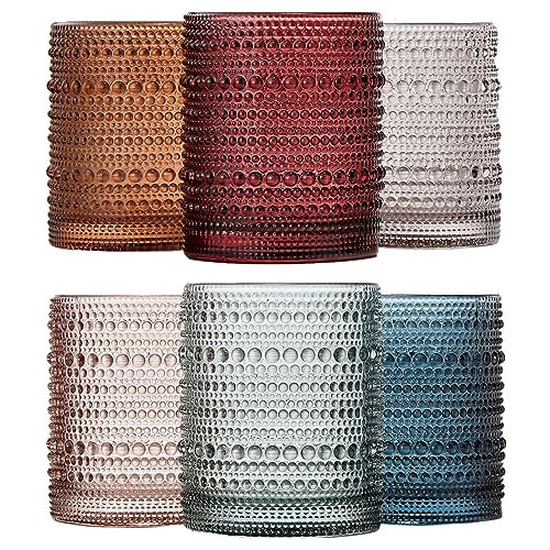 Khen Beaded Hobnail Tumbler Drinking Glasses Set | Set of 6 | Vintage Colored Hobnails 11 OZ Muted Bubble Design Whiskey, Old-Fashioned, Embossed Design Glass Water, Wine, Cocktail HAND WASH ONLY | Amazon (US)