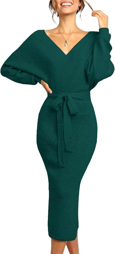 Chang Yun Women's Long Maxi Sweater Dresses Sexy Wrap Batwing V Neck Slit Open Back Holiday Bodyc... | Amazon (US)