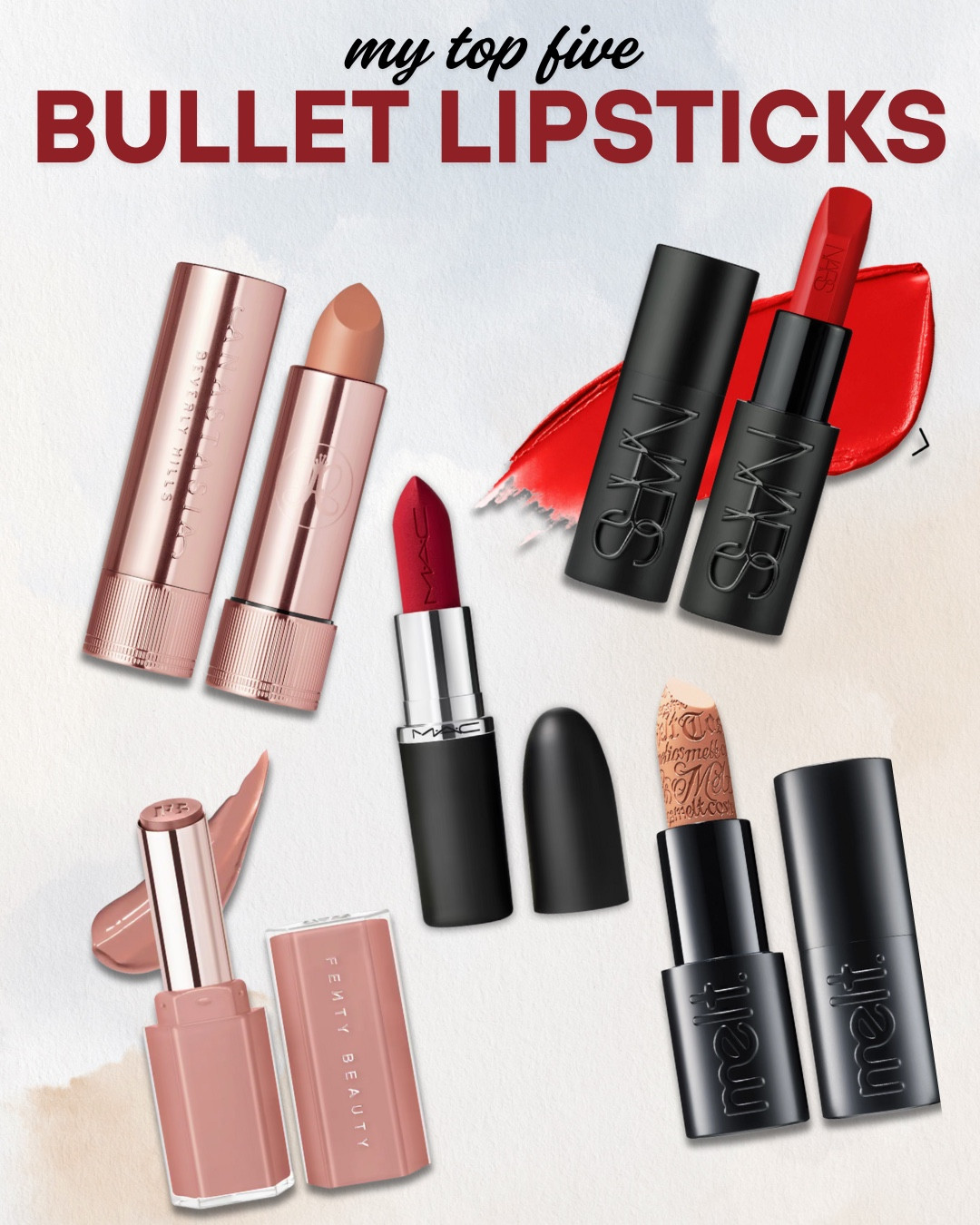 These are my top 5 bullet lipsticks for pigment, comfort, and everyday slay.

Anastasia Beverly Hills Satin & Matte Lipsticks – Smooth application with full pigment in one swipe. Long-lasting and non-drying.

NARS Lipsticks – Rich, creamy, and packed with color. The satin formula is a fave for that effortless, luxe lip.

MAC Cosmetics Lipsticks – Iconic for a reason. From mattes to satins, they deliver bold color and timeless shades.

Melt Cosmetics Ultra Matte Lipsticks – High-impact pigment with a true matte finish. Perfect for bold, statement lips.

Fenty Beauty Gloss Bomb Stick – Glossy shine in a stick form. Hydrating, easy to wear, and gives the juiciest finish with color payoff.

#Top5BulletLipsticks #LipstickObsessed #MatteAndGlossy #CreamyLipsticks #EverydayLipColor #MakeupEssentials #LTKMakeup #LTKBeauty

#LTKBeauty