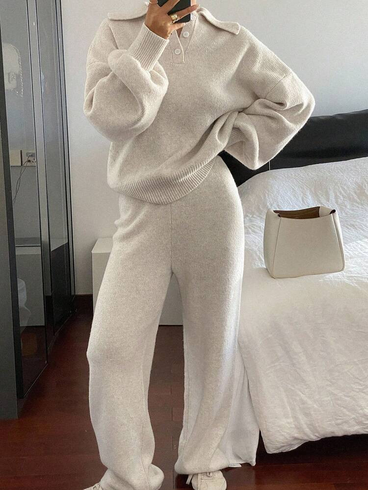 Livesso 2pcs Women Casual Collared Sweater And Pants Set, Autumn | SHEIN