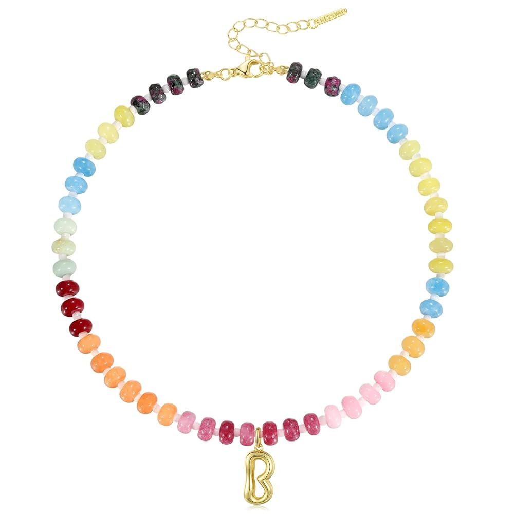 KissYan Initial Necklaces for Women, Colorful Beaded Gemstone Choker 14K Gold Bubble Letter Penda... | Amazon (US)