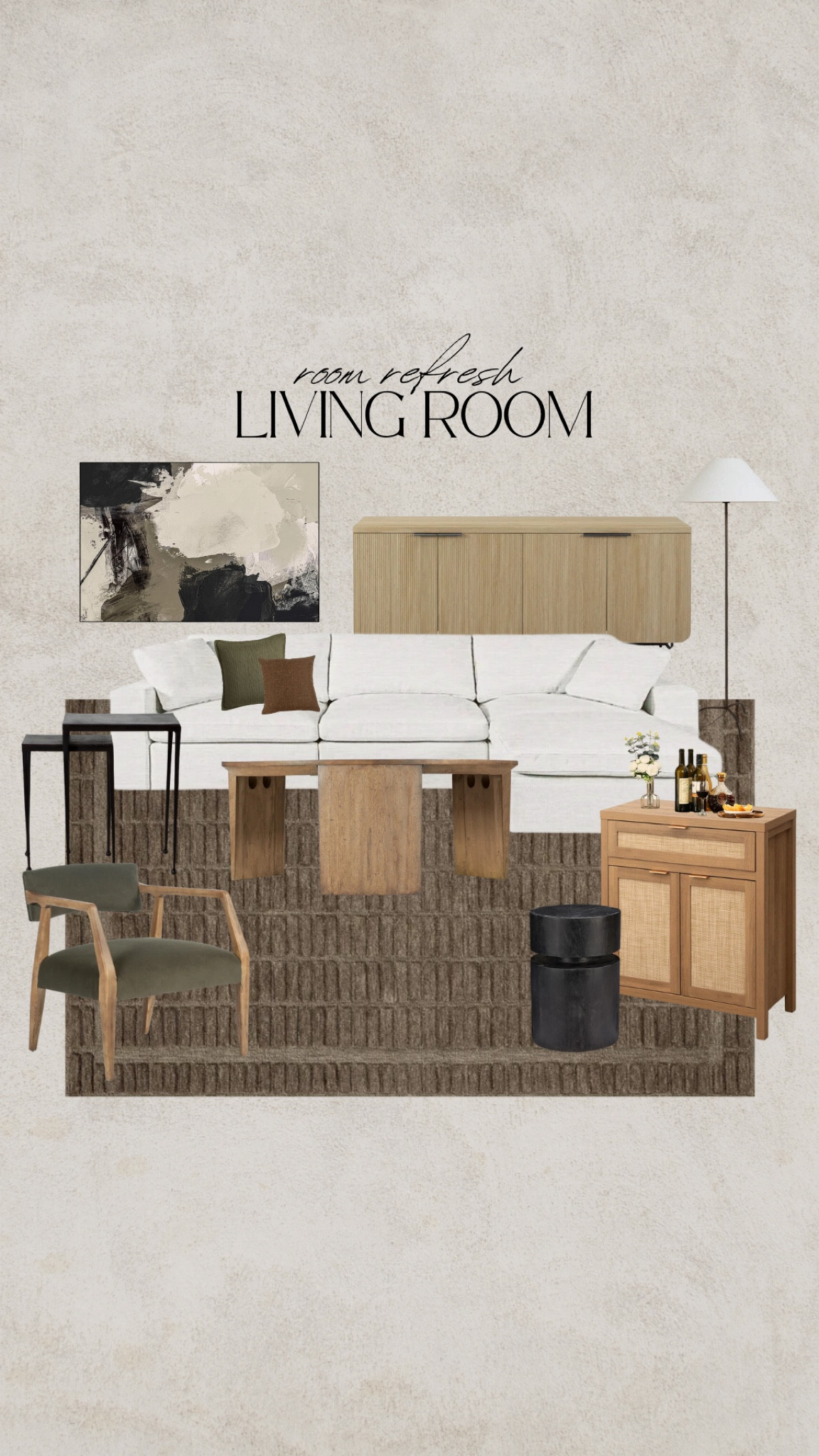 Living room refresh. Cloud couch dupe, modern wall art, brown rug, bar cart, nesting table, olive green chair, iron #ltkwayday #ltkxwayday

#LTKfindsunder100 #LTKsalealert #LTKhome
