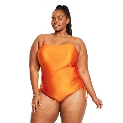 Women's Metallic Side-Ruched High Leg Cheeky One Piece Swimsuit - Fe Noel x Target Orange | Target