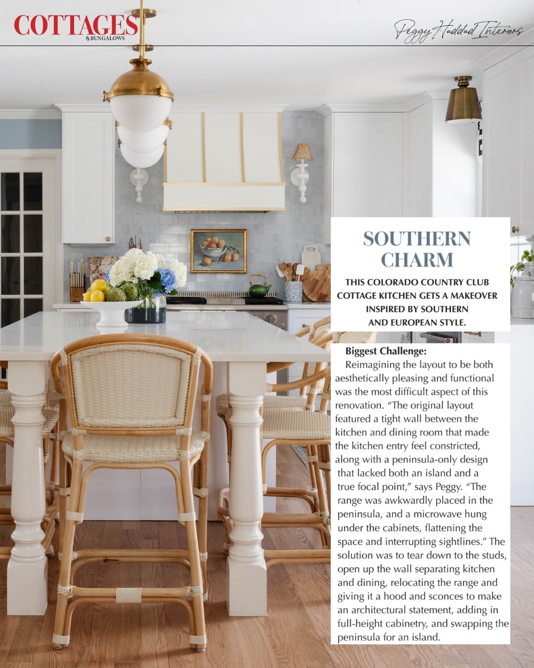 We are so honored to share that #ProjectGrandmillennial was recently featured in the Kitchen Issue of @cottagesandbungalows!

Inside this classic 1979 saltbox home in Columbine Valley, Colorado, we reworked a tight, inefficient kitchen layout to create a space that feels collected, charming, and much more functional for everyday life.

The design layers classic white cabinetry, a blue marble tile backsplash, warm brass details, William Morris textiles, and a turned-leg island that feels more like a beautiful piece of furniture than standard cabinetry. The result is a little Southern, a little European, and perfectly at home in the Colorado foothills.

More than anything, this kitchen reflects the homeowner’s love of color, pattern, and traditional details—while still feeling comfortable, practical, and ready for real life.

Seeing this project in print is such a special full-circle moment. We are incredibly grateful to @kmac124, the editorial team, and our wonderful clients for trusting us with their home and its story!

Design // @peggyhaddadinteriors
Photography // @karadeyoung

For sources and similar pieces from this space, comment SHOP and we’ll send the LTK details your way!

#PeggyHaddadInteriors #ProjectGrandmillennial #GrandmillennialKitchen #BlueAndWhiteKitchen TraditionalKitchen CollectedHome KitchenDesignInspo