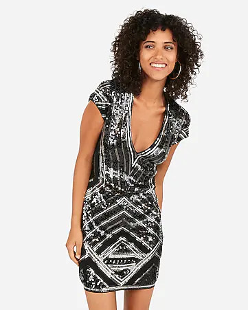 geometric sequin deep v mini bodycon dress | Express