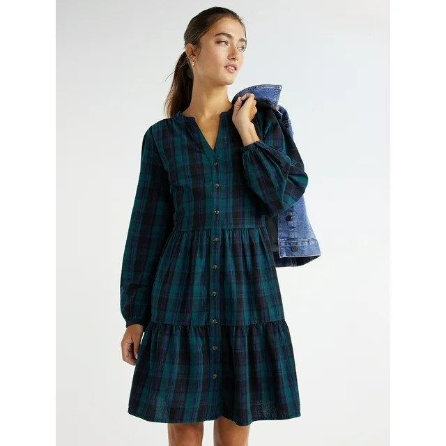 Time and Tru Women's Tiered Plaid Shirtdress with Puff Sleeves, Sizes XS-XXXL | Walmart (US)