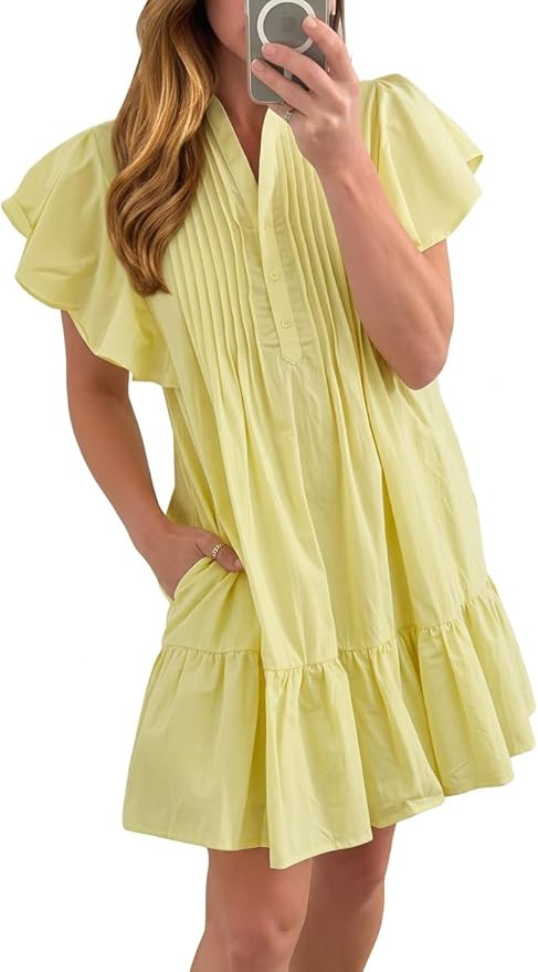 BLENCOT Summer Dresses for Women Vacation Casual Flutter Sleeve Beach Tiered Dress S-2XL | Amazon (US)