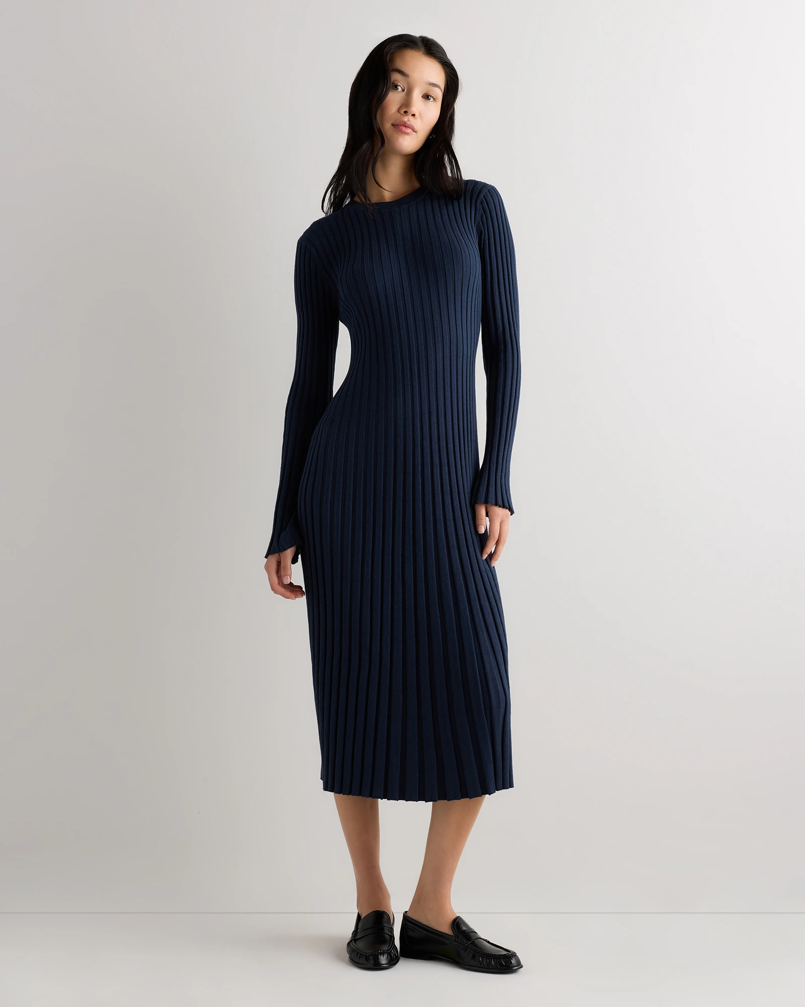 Quince | Women's Cotton Cashmere Ribbed Long Sleeve Crew Midi Dress in Heather Charcoal, Size XS | Quince