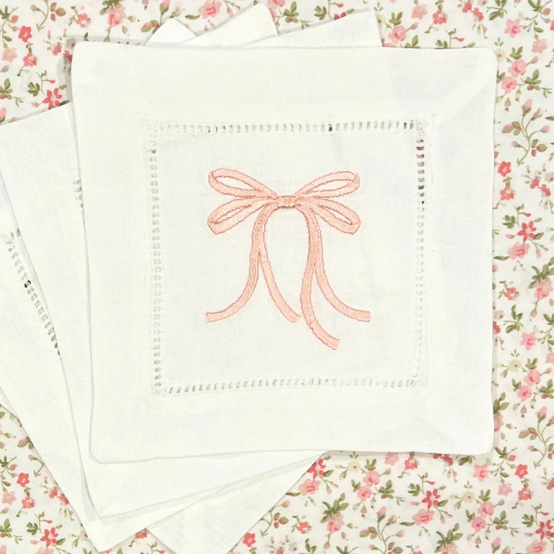 Embroidered Bow Cocktail Napkin, Pink Bow Embroidered Cocktail Napkin - Etsy | Etsy (US)