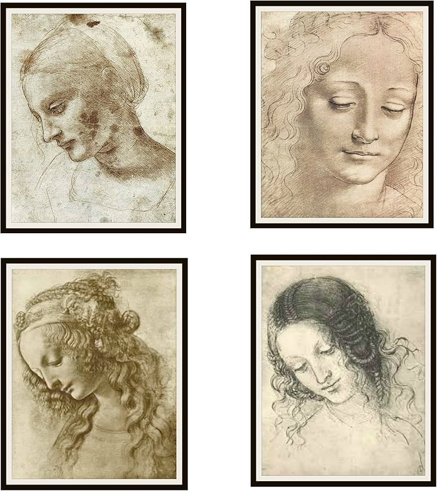 Paper Moon Media Set of 4 Vintage Unframed Leonardo Da vinci Art Print Poster Reproductions Woman... | Amazon (US)