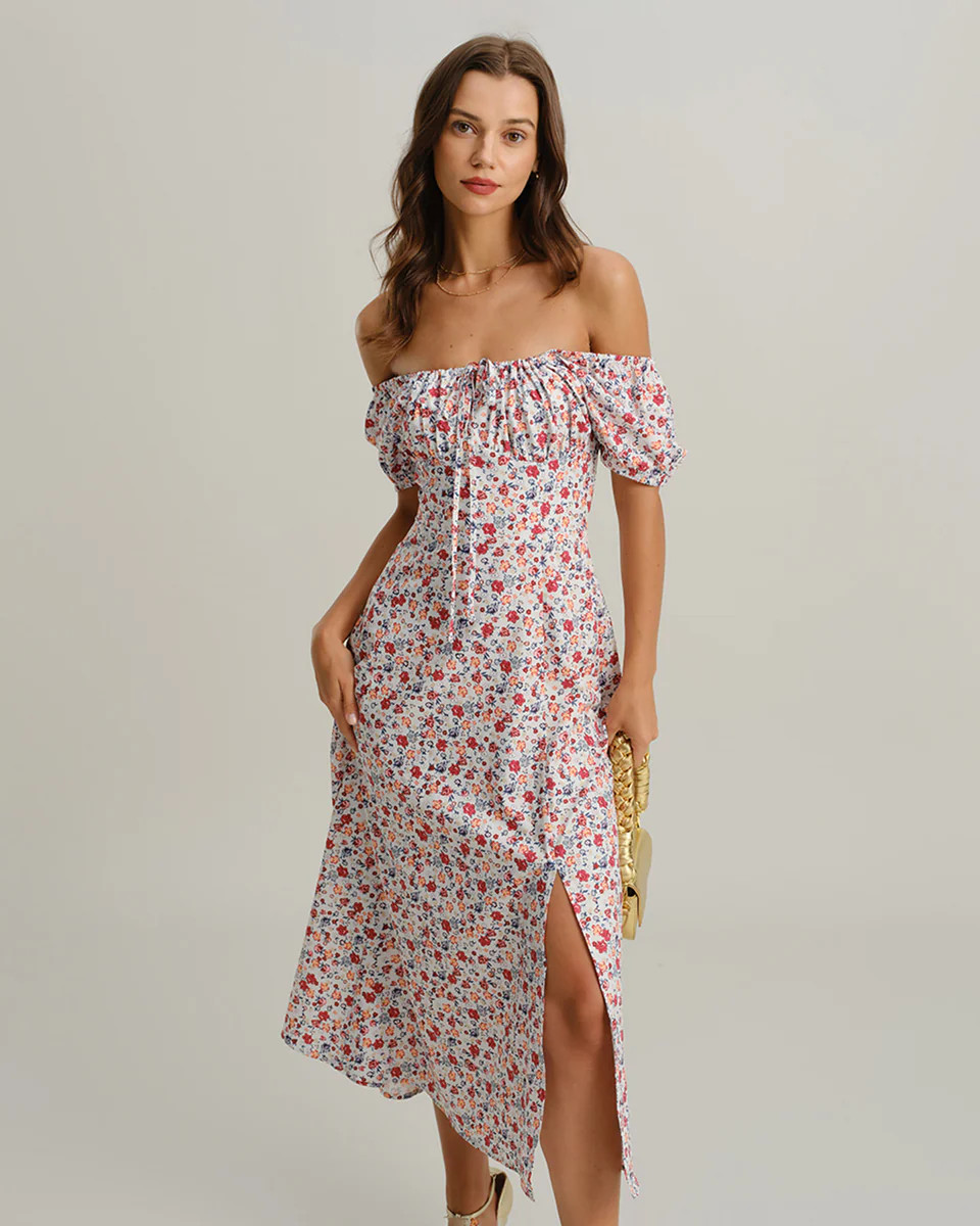 Grey Floral Square Neck Puffed Sleeve Midi Dress | rihoas.com