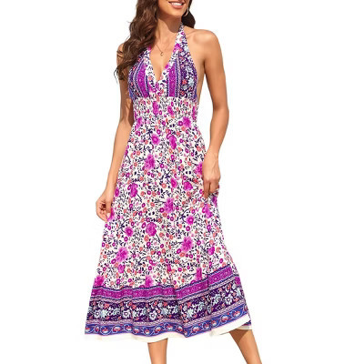 Garvee Women's Summer Floral Maxi Dress Long Flowy Boho Dress Beach Vacation Halter Sundress Casual Dress with Pockets Pink Flower 2XL | Target