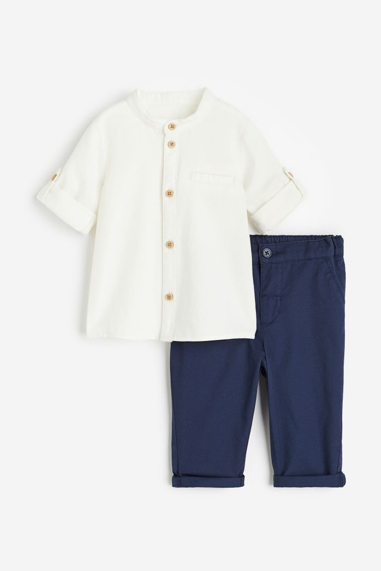2-piece Shirt and Pants Set - White/navy blue - Kids | H&M US | H&M (US + CA)
