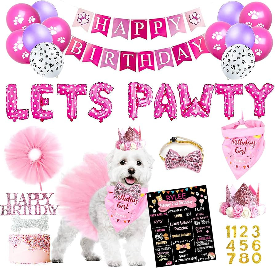 Dog Birthday Party Supplies, Pink Dog Birthday Decorations, Lets Pawty Balloons Banner Hat Bandan... | Amazon (US)