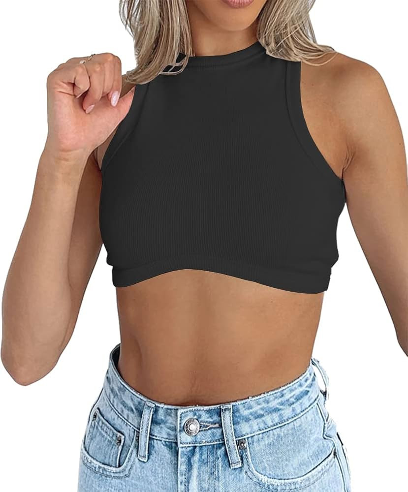 Artfish Womens High Neck Crop Tops Crewneck Ribbed Fitted Sleeveless Corset Bustier Y2K Tanks | Amazon (US)
