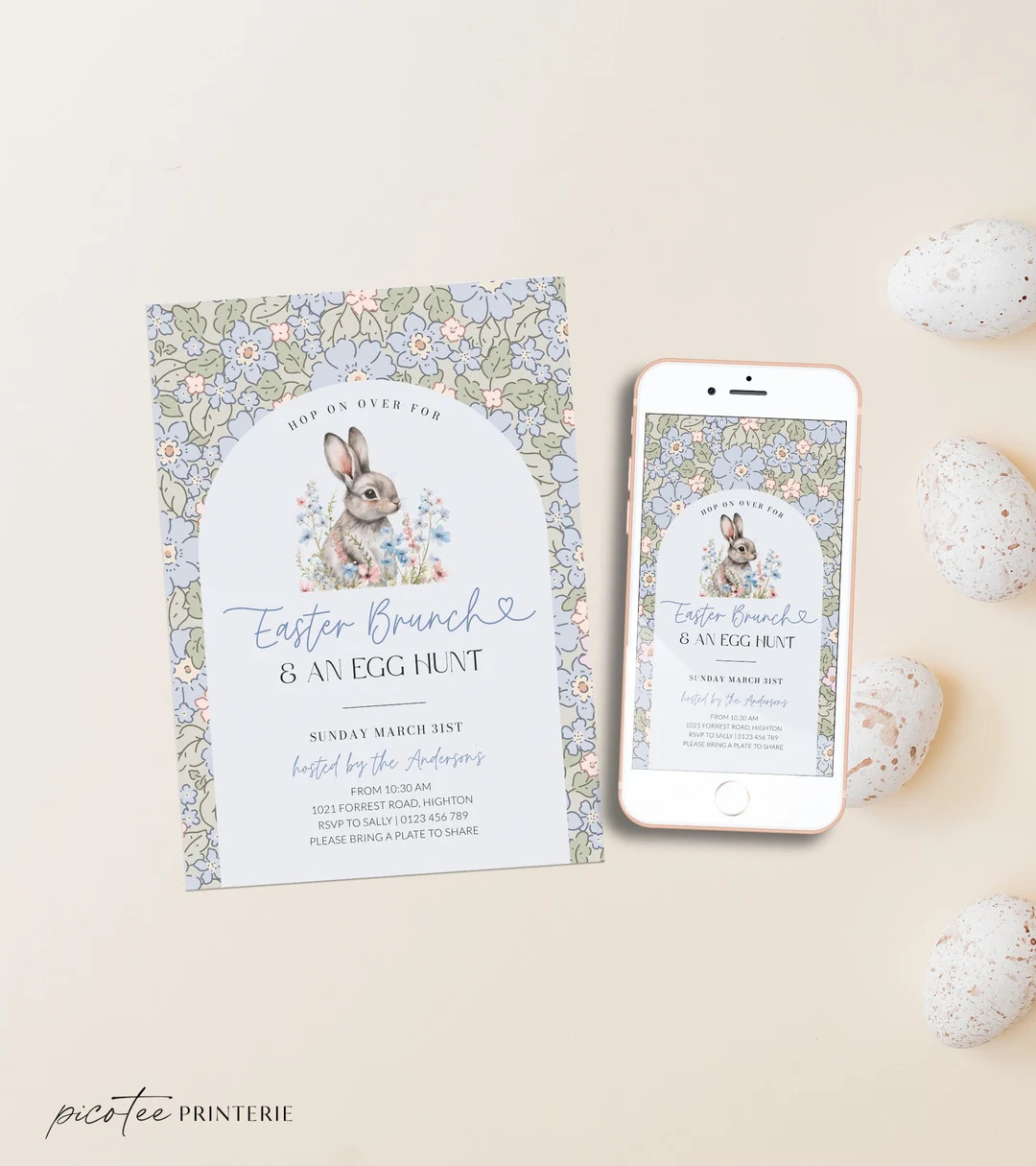 Blue Easter Egg Hunt Brunch Invite, Printable Arch Easter Celebration Invitation Digital, Floral ... | Etsy (US)