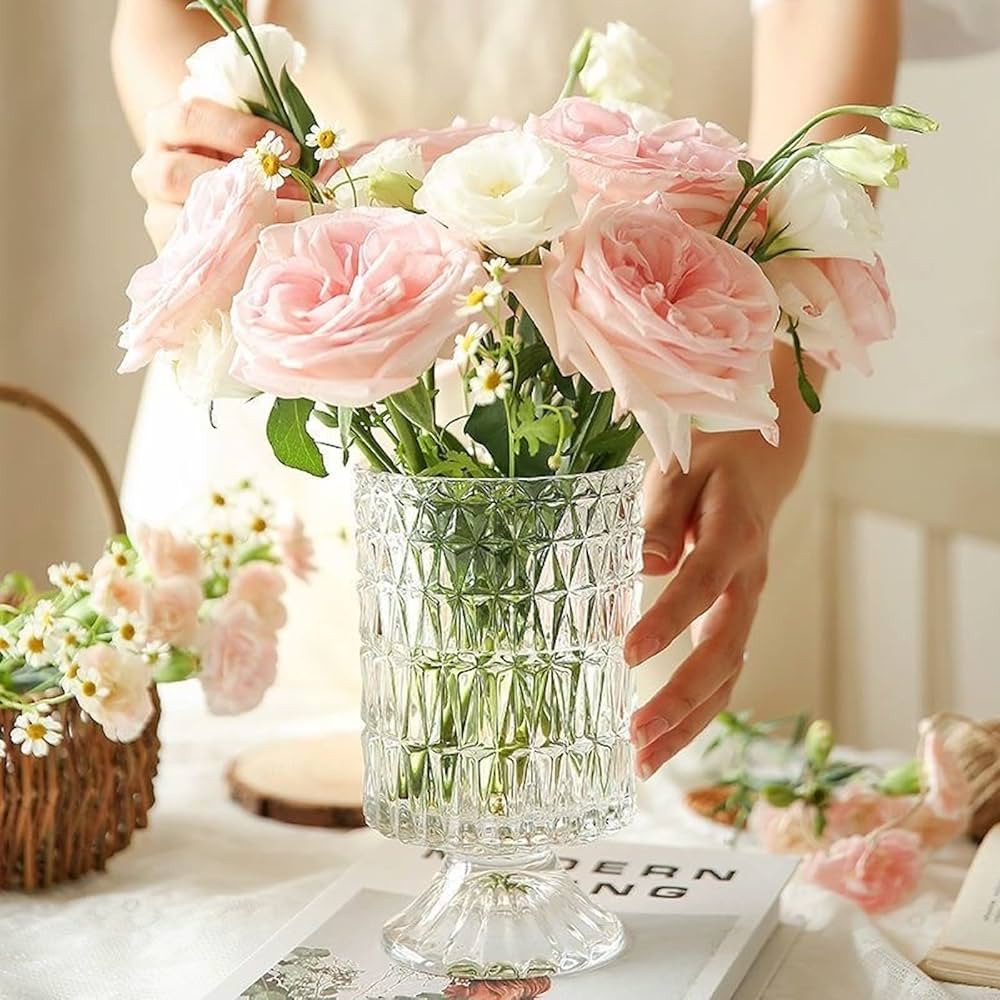 BLOFLO Embossed Glass Vase, 7'' Crystal Glass Vases, Pedestal Big Base Glass Bouquet Vase, Hydrop... | Amazon (US)