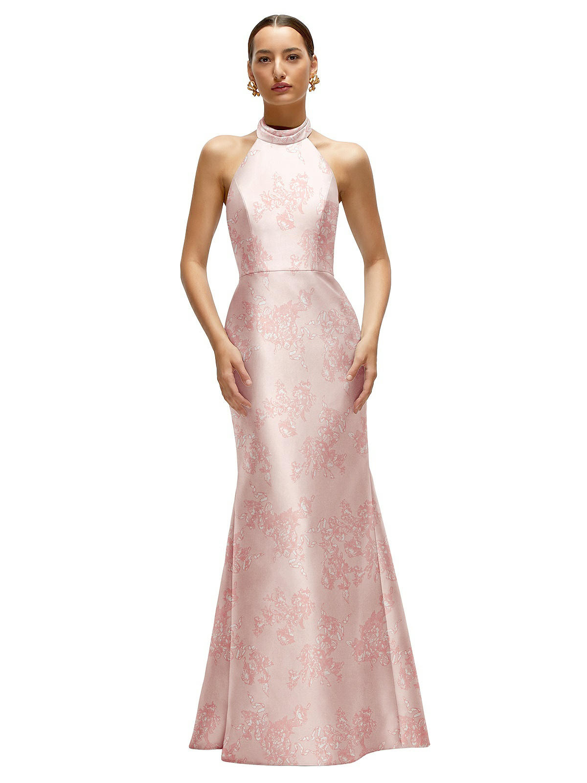 High-Neck Halter Open-Back Floral Satin Trumpet Dress  in Bow And Blossom Print | The Dessy Group