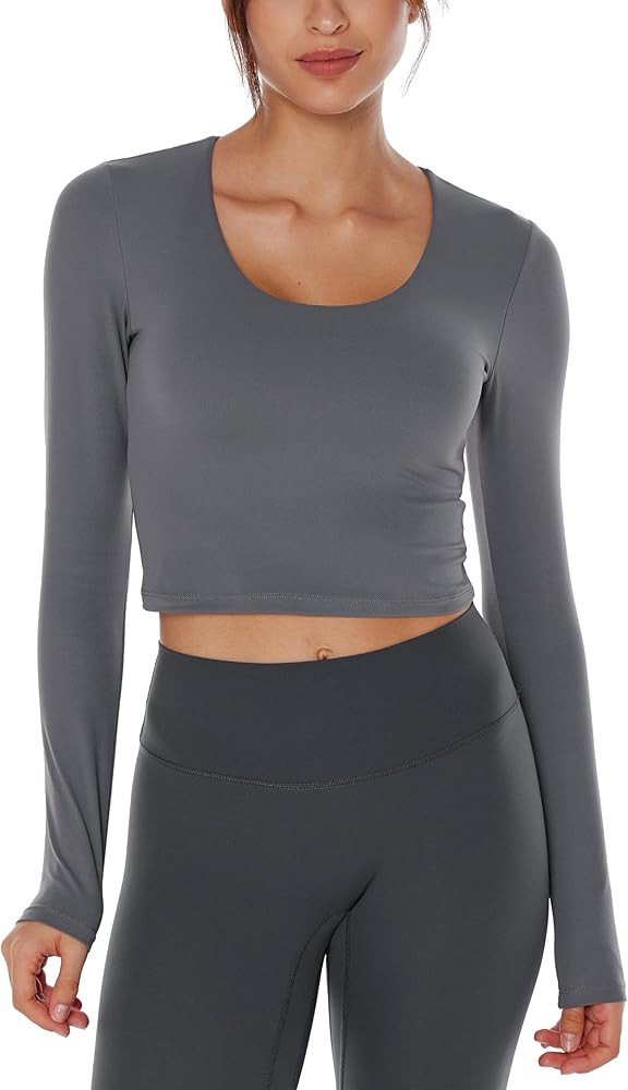 Womens Long Sleeve Shirts Workout Crop Tops Yoga Tee Built in Bra Mild Support Cream Feeling Athl... | Amazon (US)