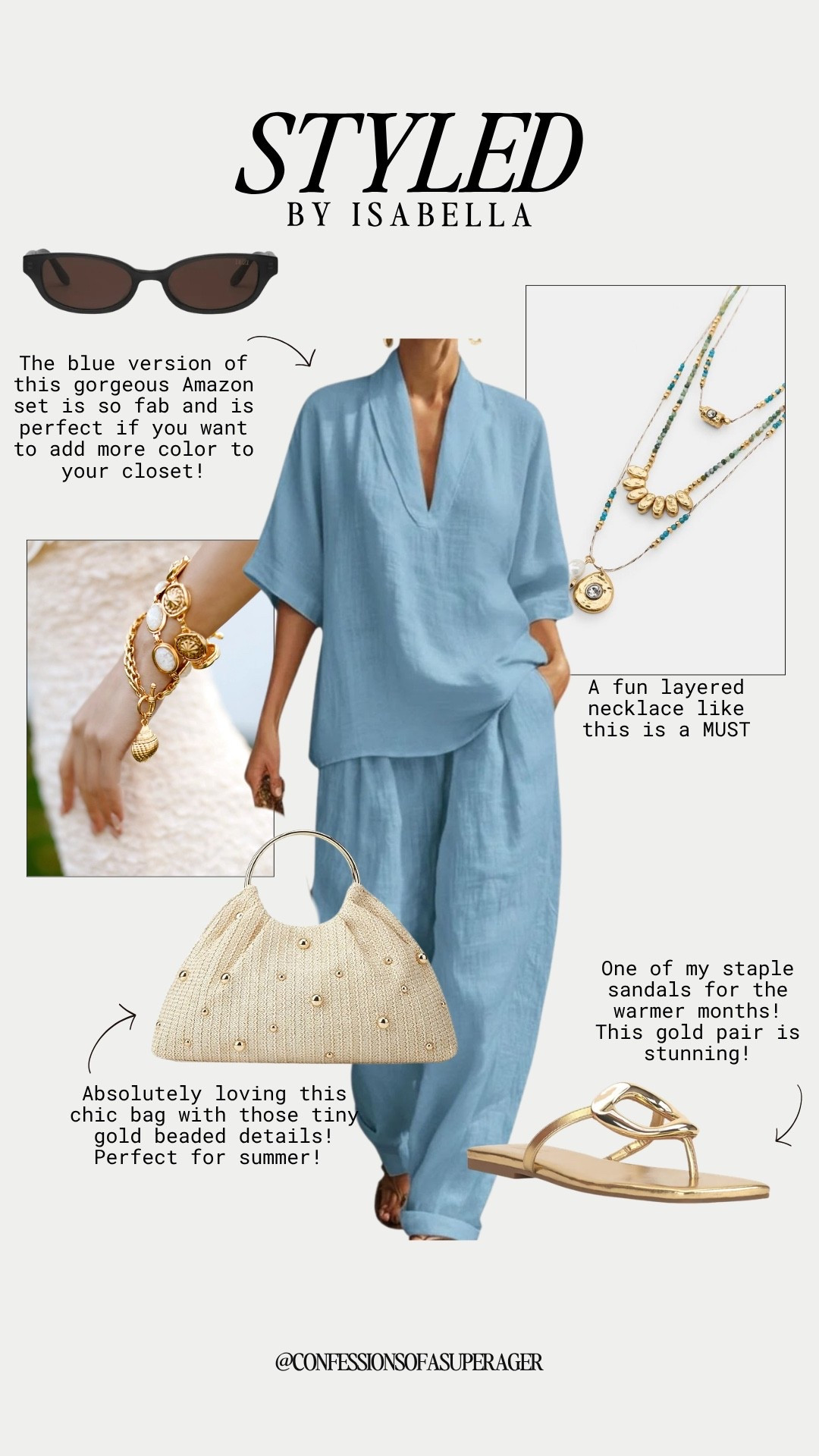 This breezy blue matching set is giving effortless coastal chic and vacation-ready style ✨ Paired with gold sandals, a beaded Target tote, layered necklaces, and sleek sunglasses, this is the perfect elevated casual look for Spring and Summer travel, brunch, or resort nights. These luxe Amazon fashion finds look SO high-end without the designer price tag! #AmazonFashion #TargetStyle #ResortWear #CoastalGrandmother #VacationOutfit #MatchingSet #BlueOutfit #SpringStyle #SummerFashion #LTKStyle #ResortFashion #CasualChic #BeachVacationStyle #AffordableFashion #TravelOutfit #GoldSandals #BeadedBag #ConfessionsOfASuperager

#LTKootd #LTKSeasonal #LTKSaleAlert